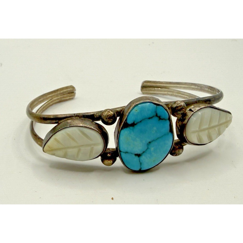 VTG Navajo Sterling Silver Cuff Bracelet Turquoise & Mother of Pearl 14g